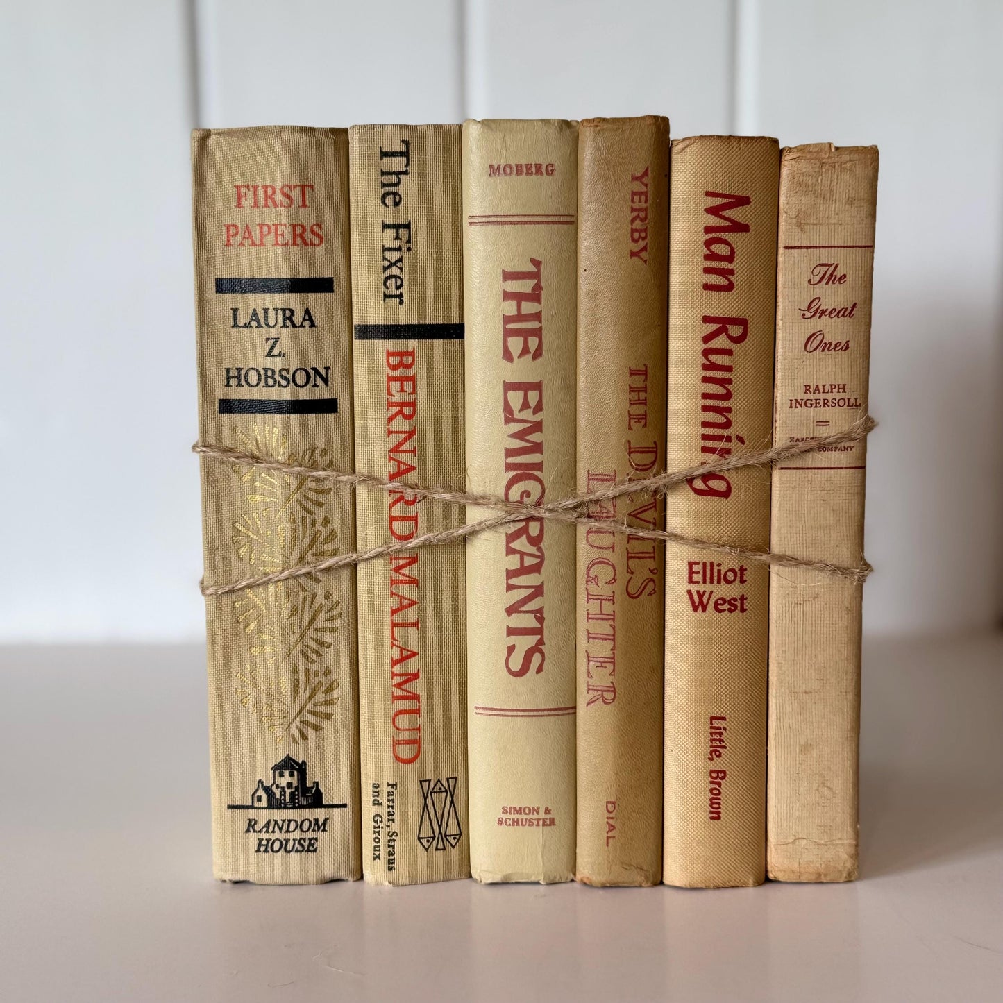 Beige Vintage Decorative Books, Masculine Mid-Century Beige and Red Book Bundle, Aesthetic Books for Office Decor