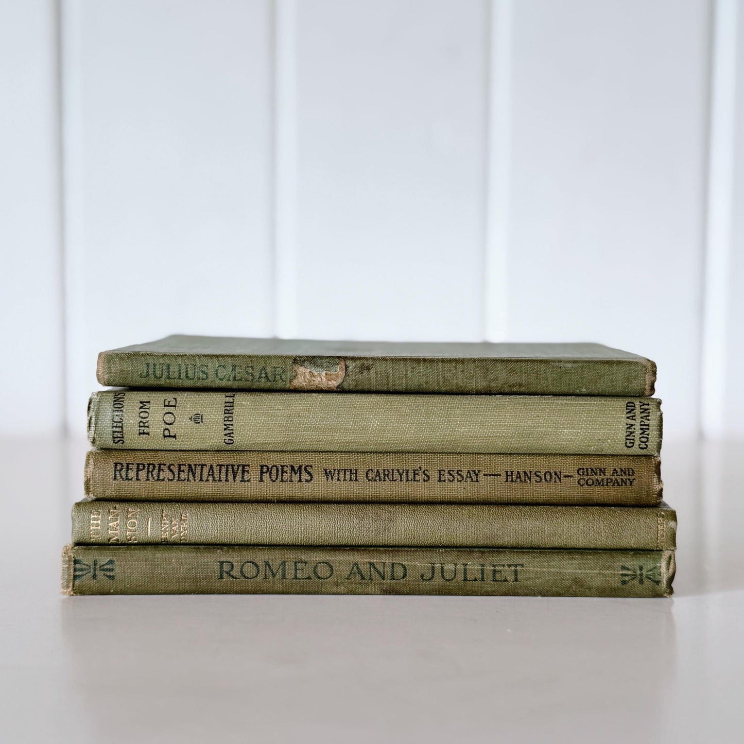 Antique Olive Green Poetry, Shakespeare, and Literature Books for Bookshelf Decor