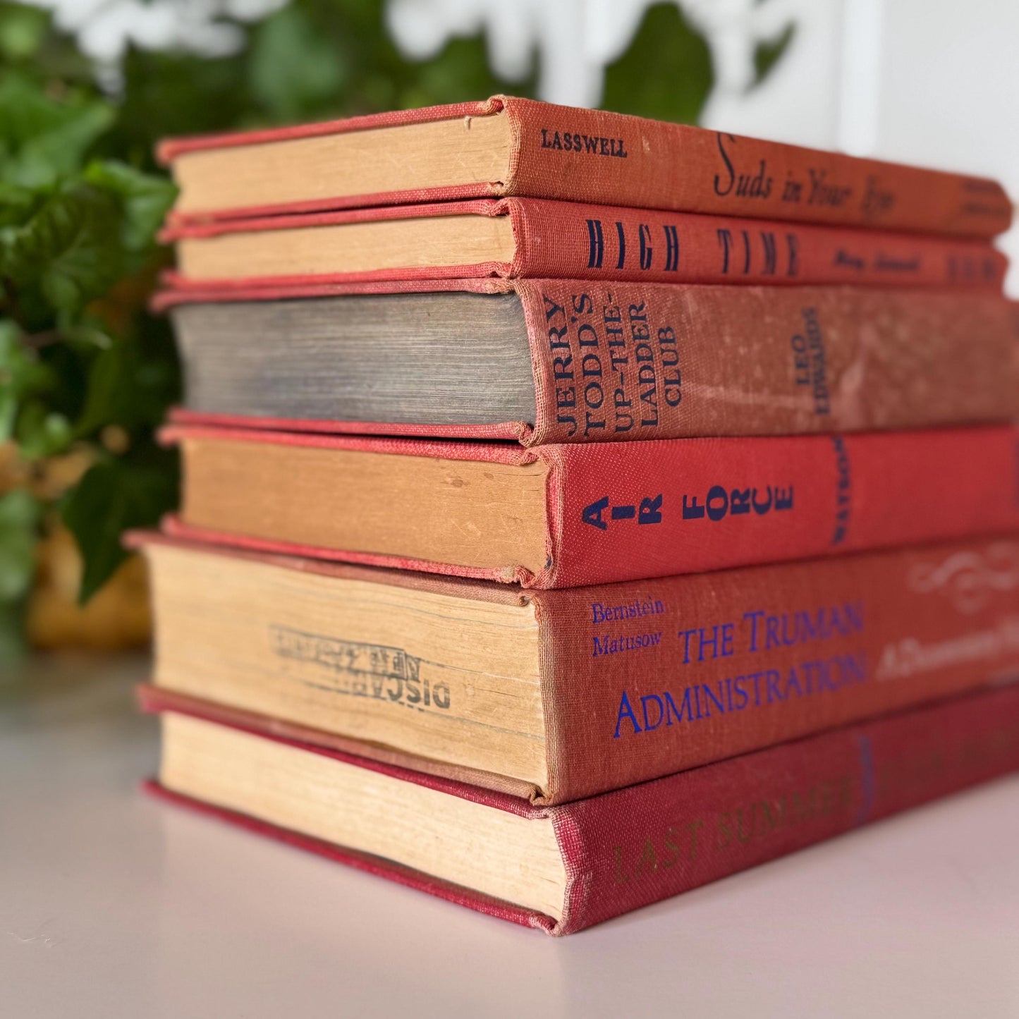 Vintage Red and Blue Mid-Century Modern Faded Decorative Books for Shabby Chic Decor