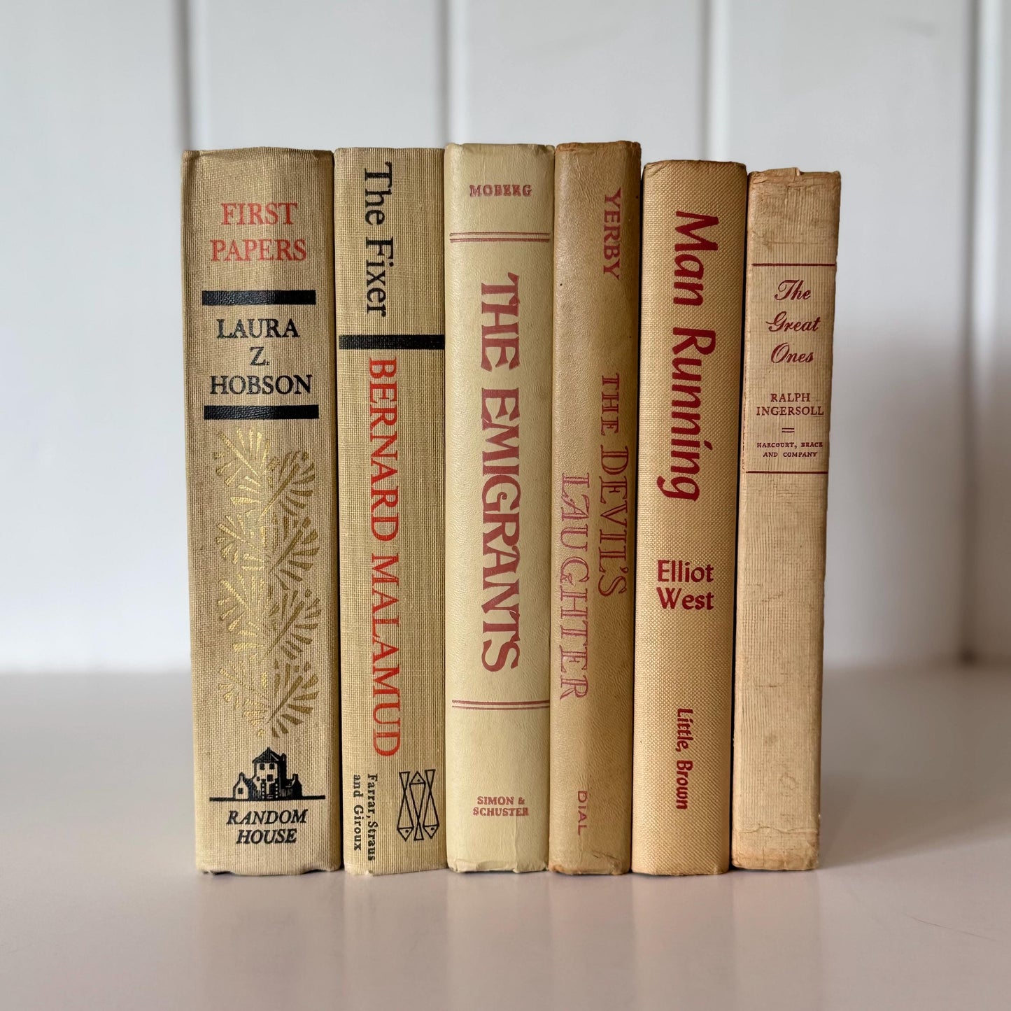 Beige Vintage Decorative Books, Masculine Mid-Century Beige and Red Book Bundle, Aesthetic Books for Office Decor