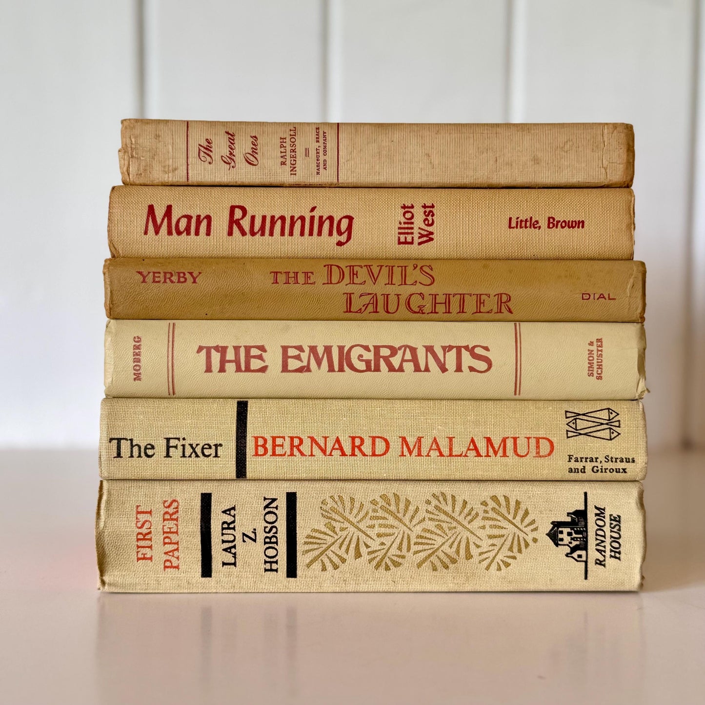 Beige Vintage Decorative Books, Masculine Mid-Century Beige and Red Book Bundle, Aesthetic Books for Office Decor