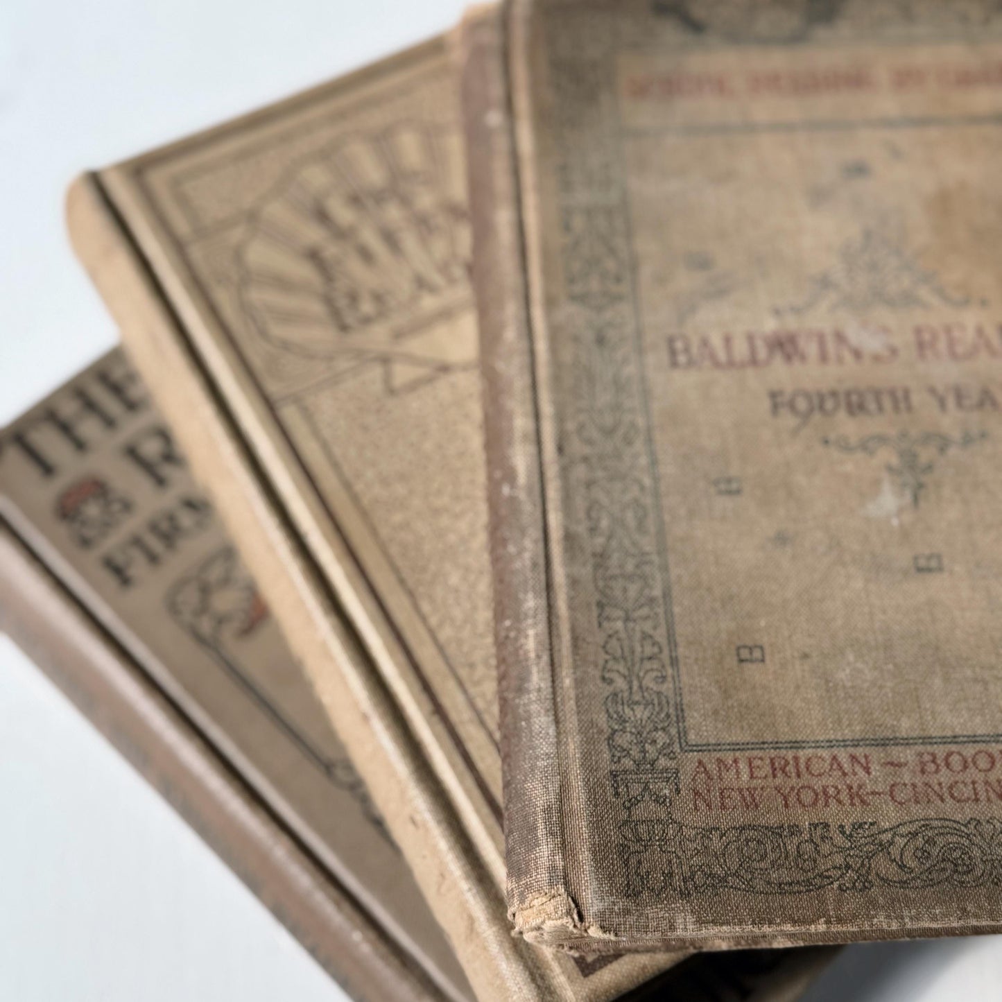 Shabby Brown School Book Stack, 3 Antique Elementary School Readers Classic Literature