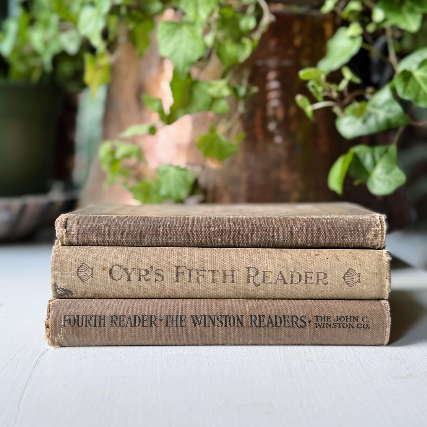 Shabby Brown School Book Stack, 3 Antique Elementary School Readers Classic Literature