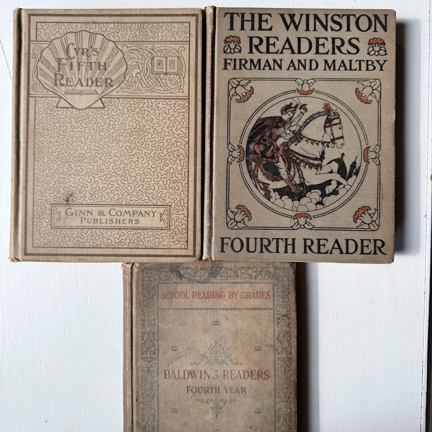 Shabby Brown School Book Stack, 3 Antique Elementary School Readers Classic Literature