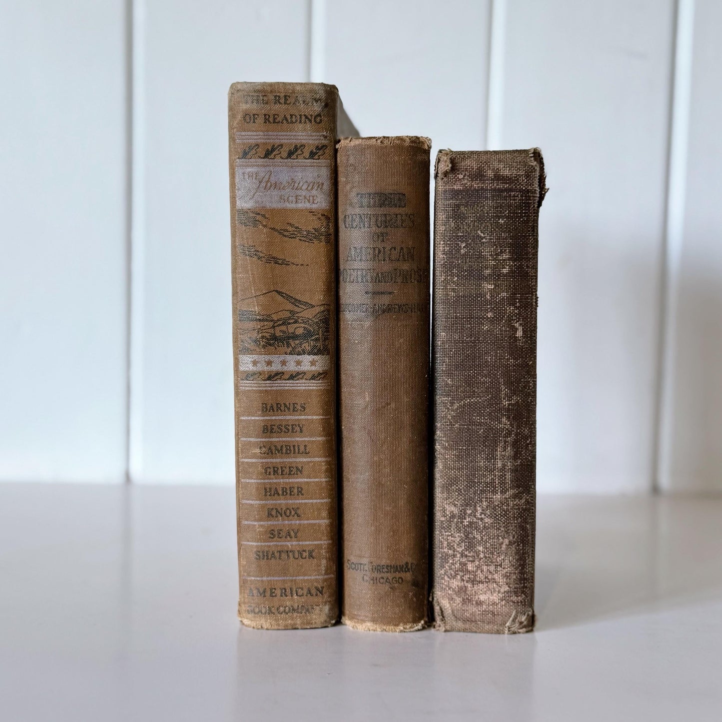 Shabby Brown American Literature and Poetry School Book Stack, 3 Vintage Literature Textbooks