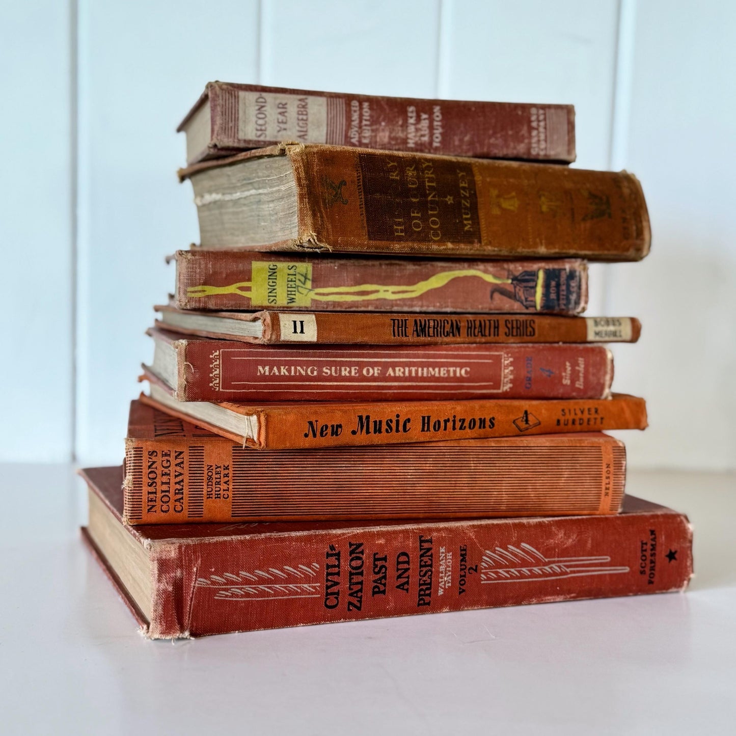 Old Distressed Orange Terra Cotta School Books, Shabby Book Set for Decor, Classroom Decor, Fall Autumn Rust Red