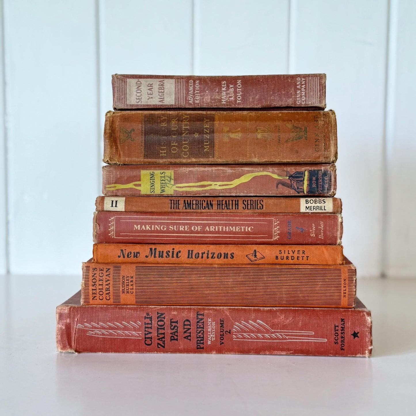 Old Distressed Orange Terra Cotta School Books, Shabby Book Set for Decor, Classroom Decor, Fall Autumn Rust Red