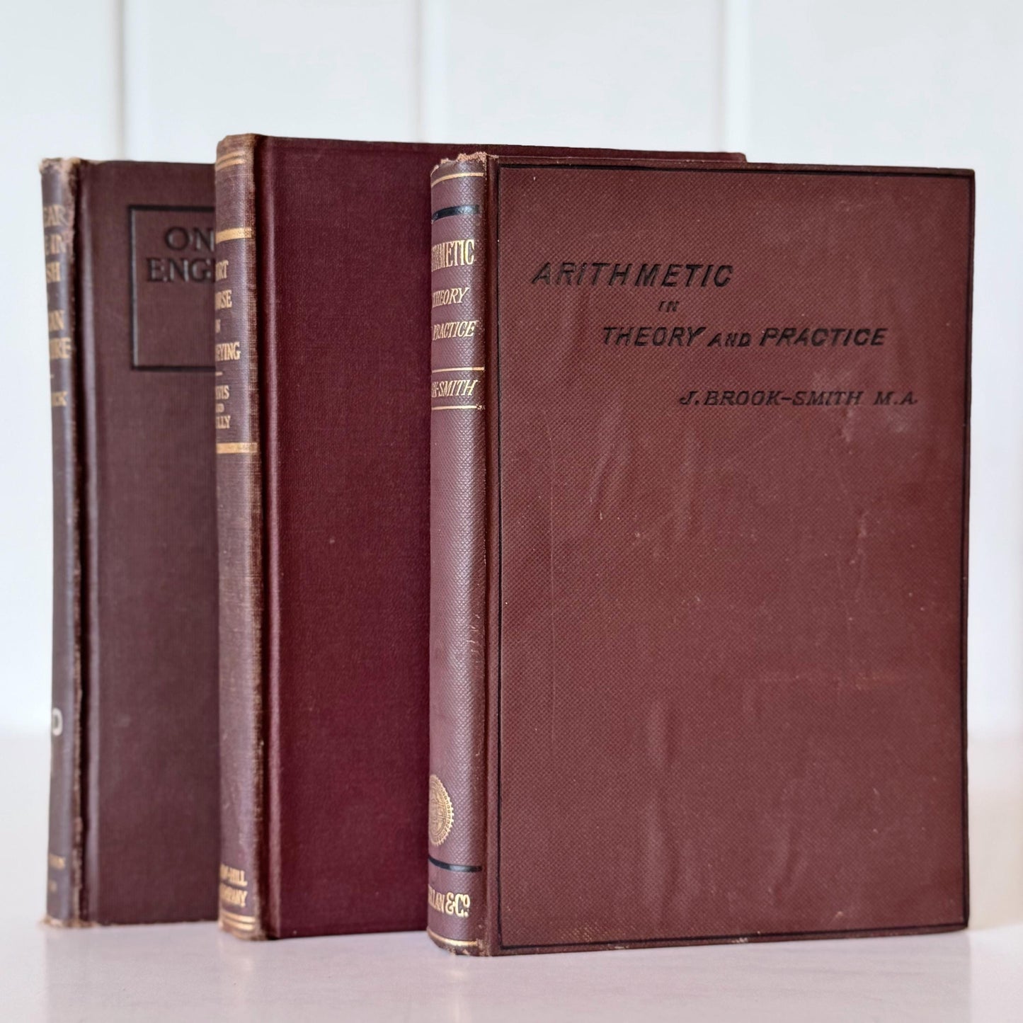 Antique Brown School Book Bundle, College English American Literature, Surveying, Arithmetic