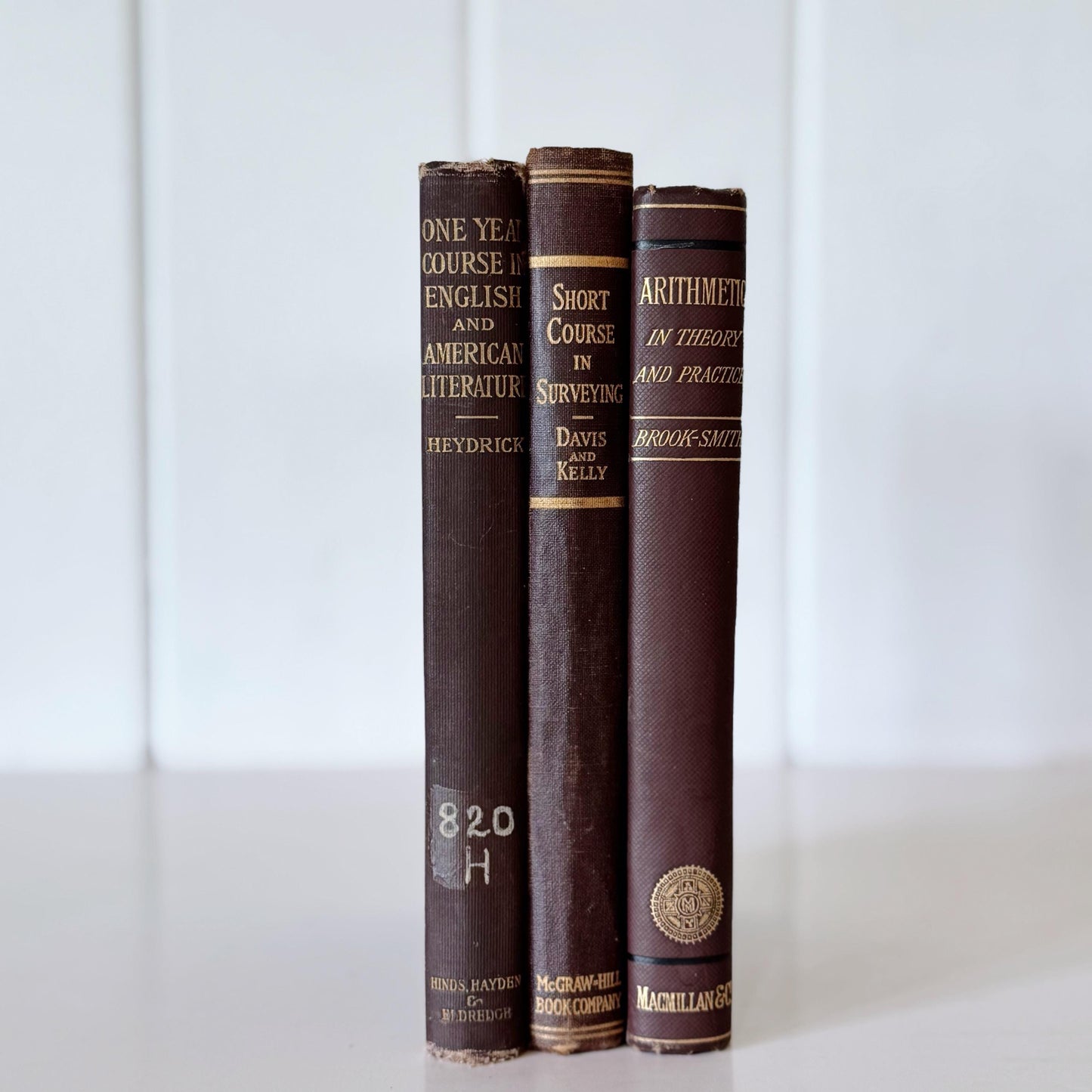 Antique Brown School Book Bundle, College English American Literature, Surveying, Arithmetic