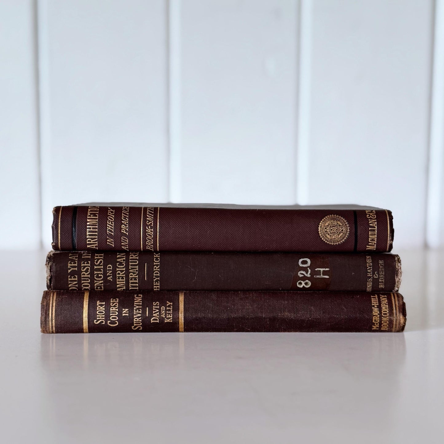 Antique Brown School Book Bundle, College English American Literature, Surveying, Arithmetic