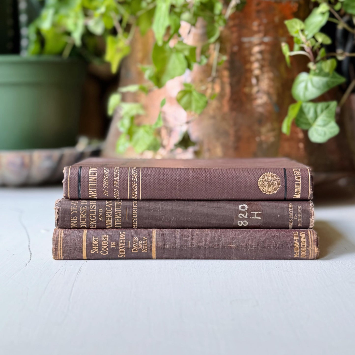 Antique Brown School Book Bundle, College English American Literature, Surveying, Arithmetic