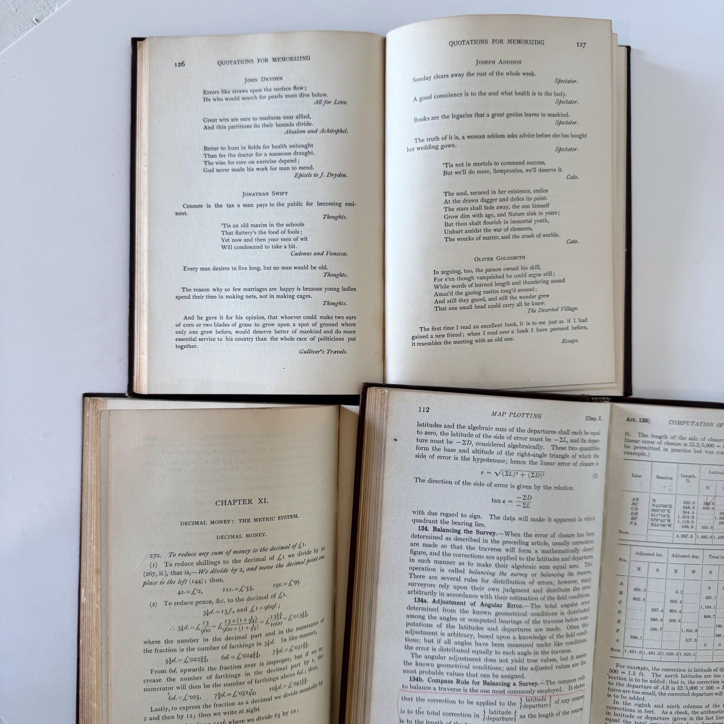 Antique Brown School Book Bundle, College English American Literature, Surveying, Arithmetic