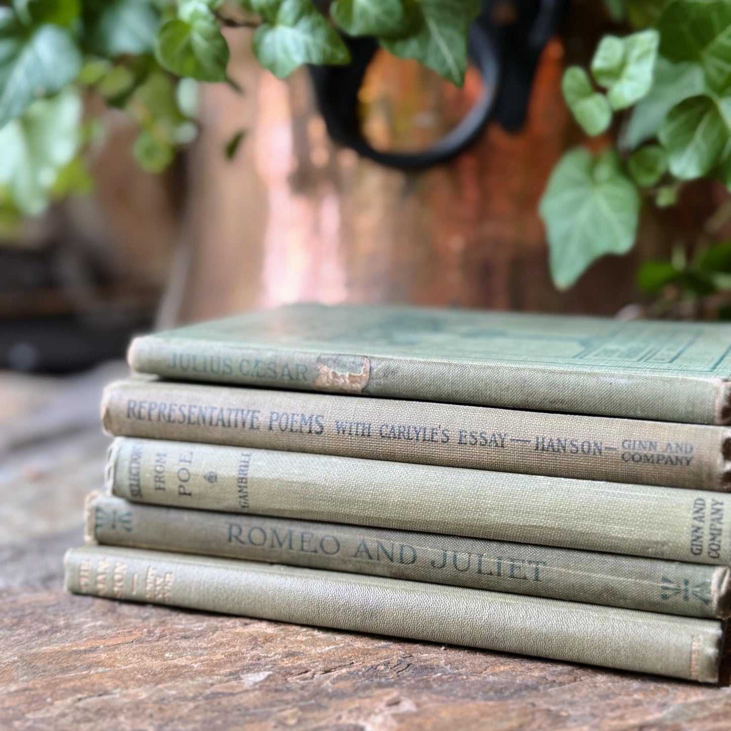 Antique Olive Green Poetry, Shakespeare, and Literature Books for Bookshelf Decor