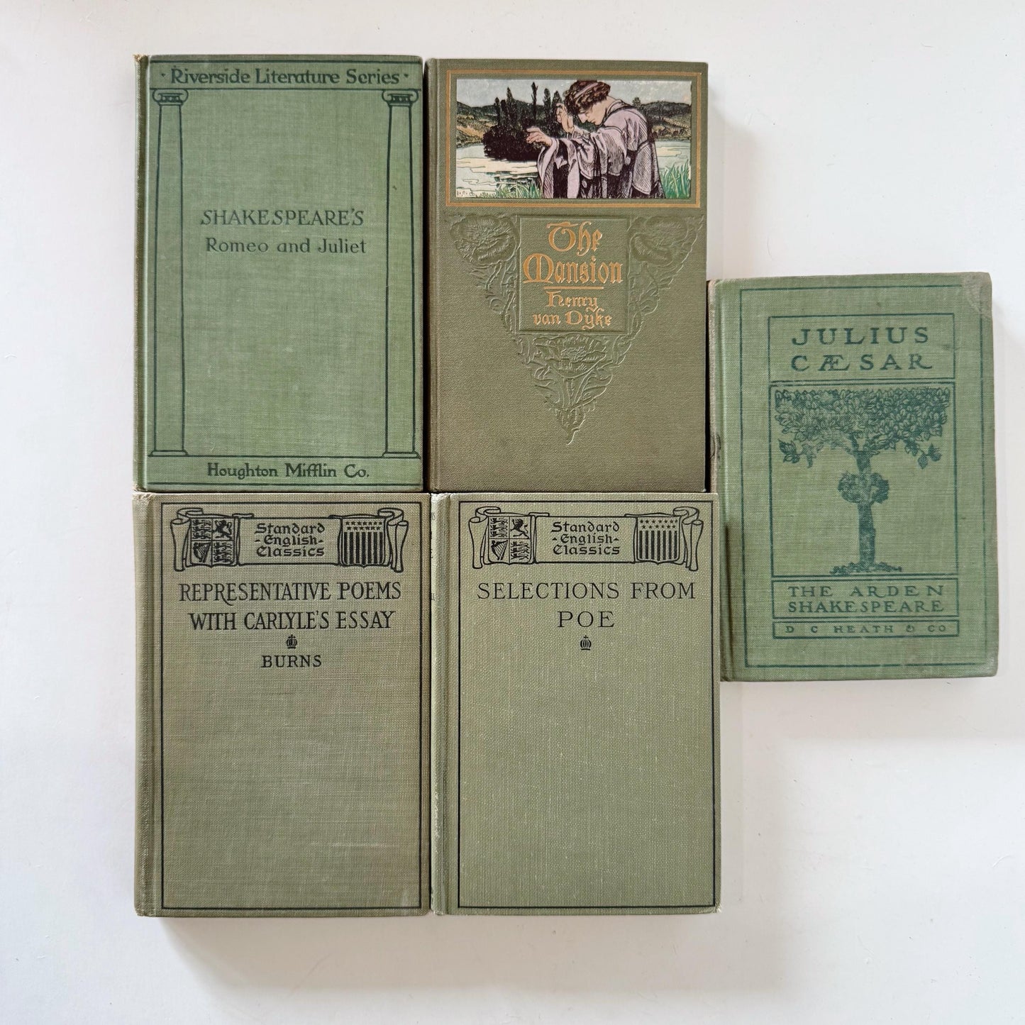 Antique Olive Green Poetry, Shakespeare, and Literature Books for Bookshelf Decor