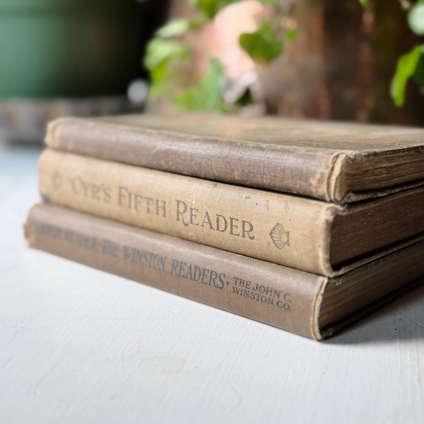 Shabby Brown School Book Stack, 3 Antique Elementary School Readers Classic Literature
