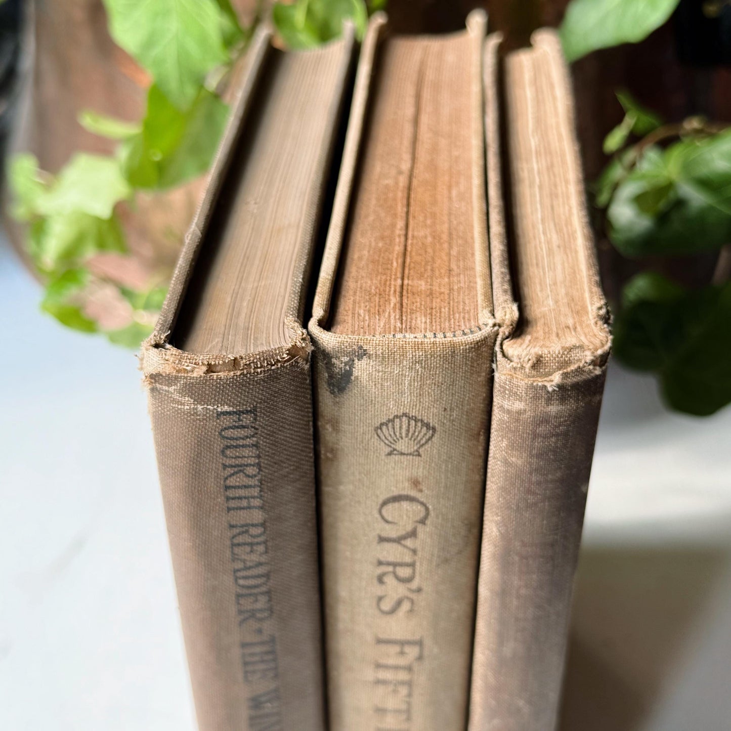 Shabby Brown School Book Stack, 3 Antique Elementary School Readers Classic Literature