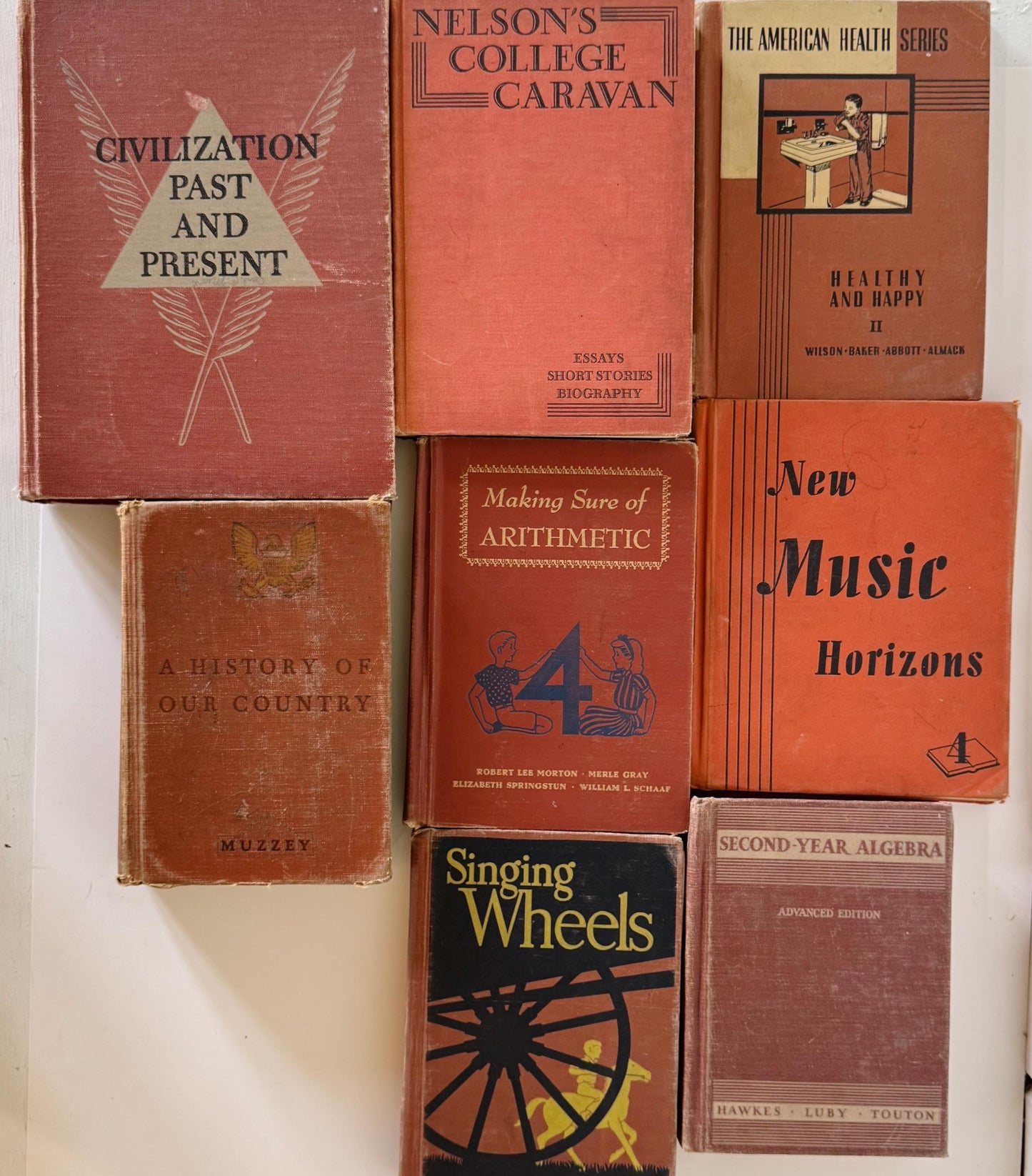 Old Distressed Orange Terra Cotta School Books, Shabby Book Set for Decor, Classroom Decor, Fall Autumn Rust Red