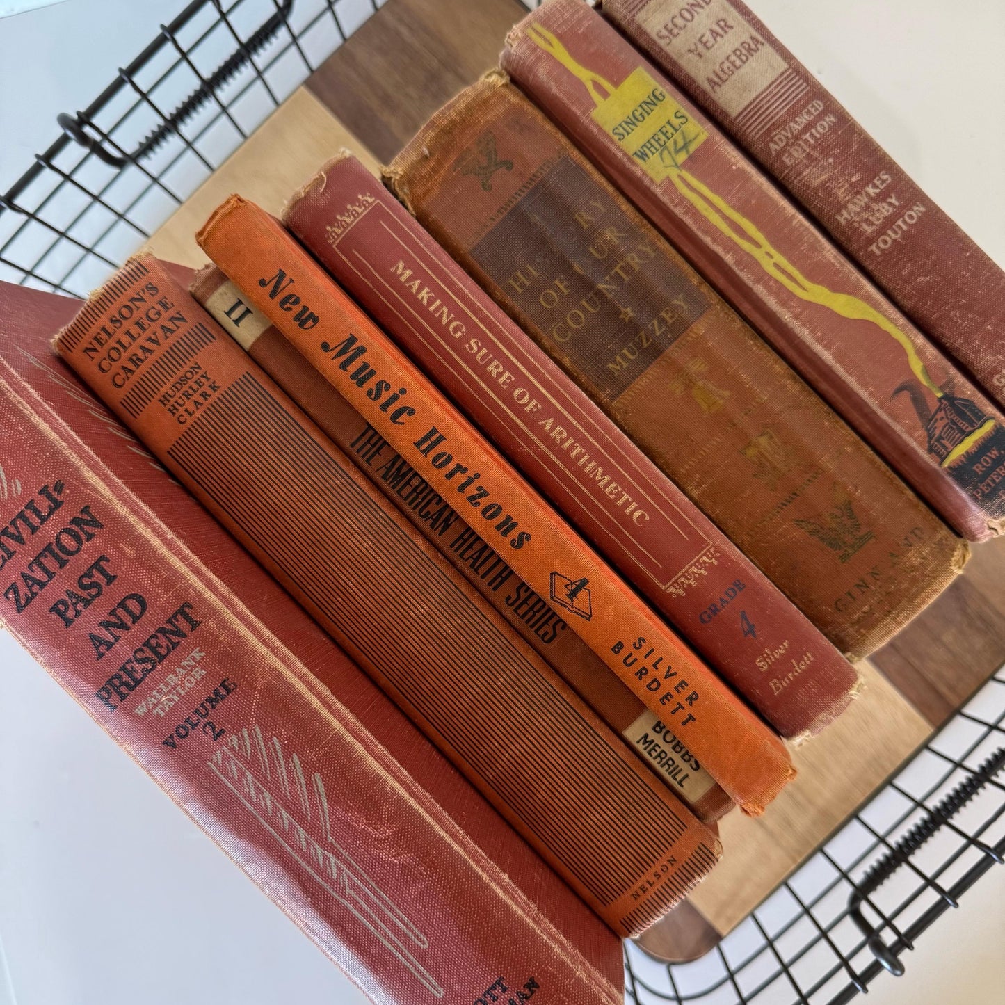 Old Distressed Orange Terra Cotta School Books, Shabby Book Set for Decor, Classroom Decor, Fall Autumn Rust Red