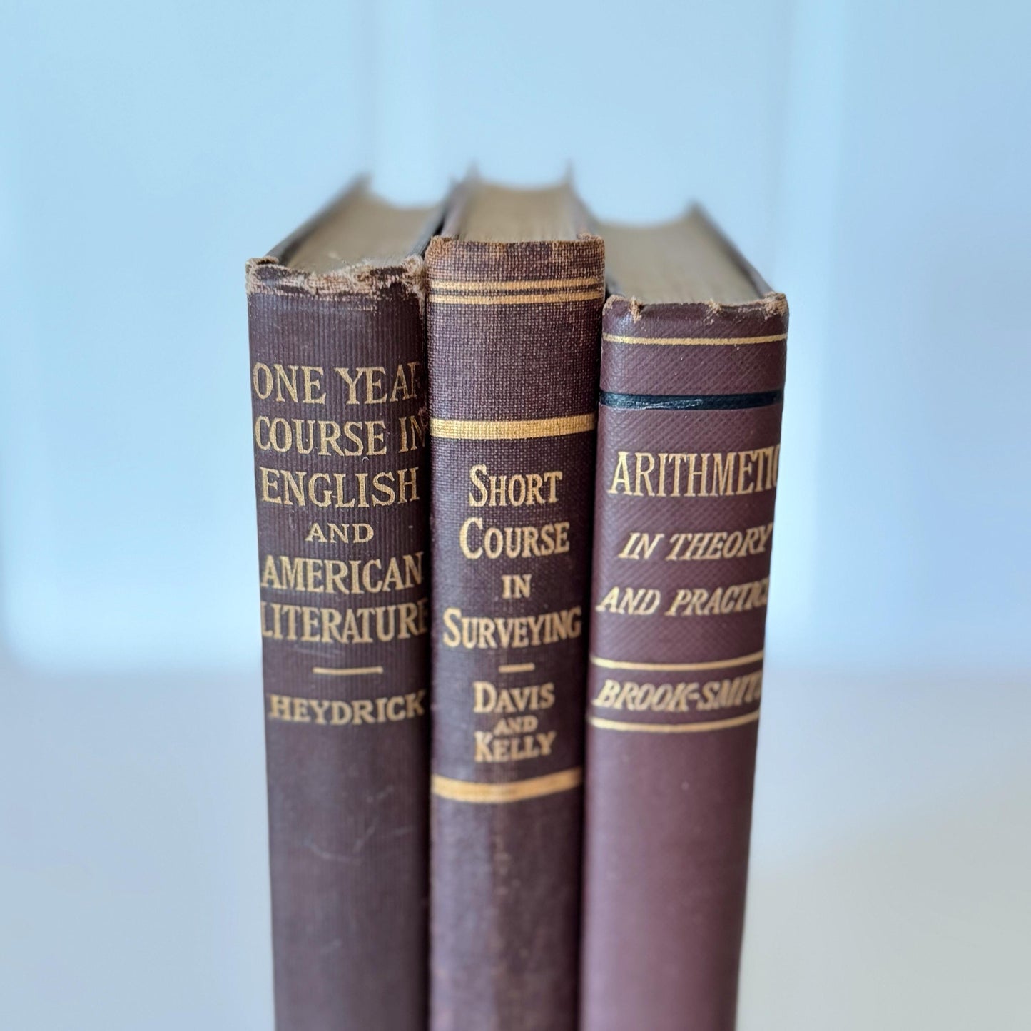 Antique Brown School Book Bundle, College English American Literature, Surveying, Arithmetic