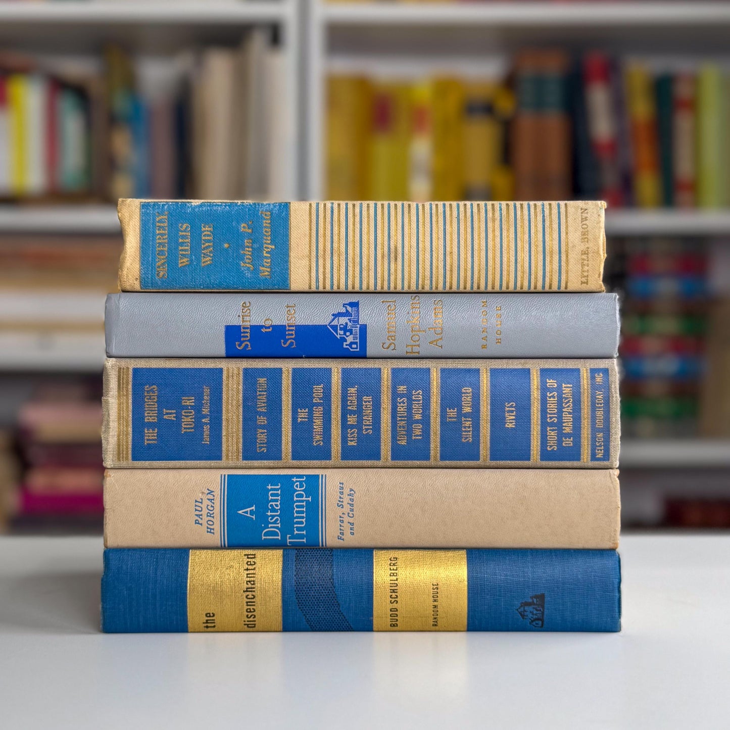 Vintage Blue & Gold Book Stack | Curated Decorative Books for Shelf Styling, Mantel Decor, or Coffee Table Display