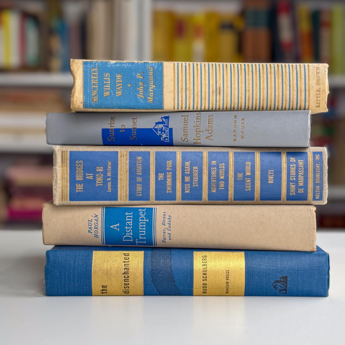 Vintage Blue & Gold Book Stack | Curated Decorative Books for Shelf Styling, Mantel Decor, or Coffee Table Display