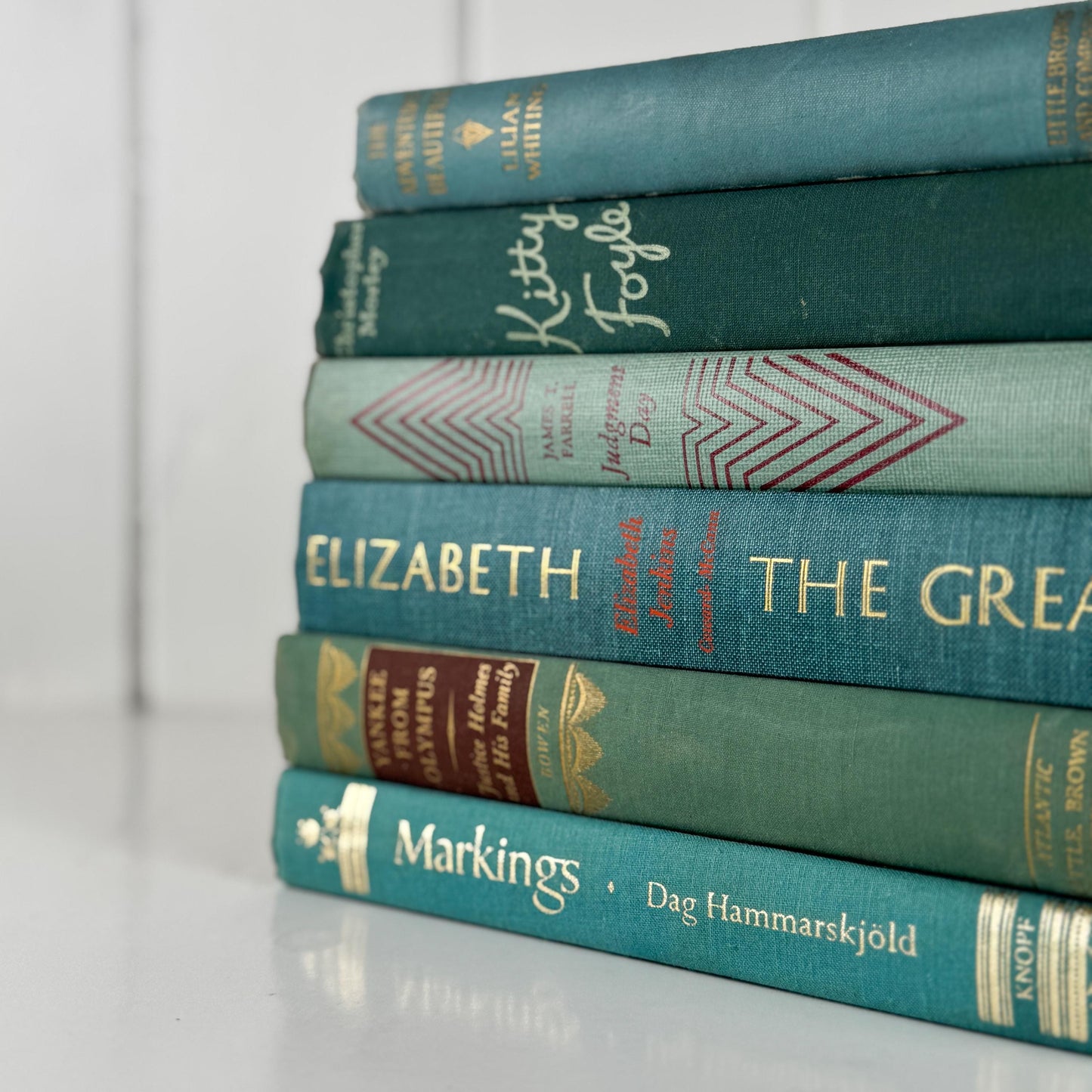 Teal And Aqua Vintage Book Stack for Shelf Styling and Decorating