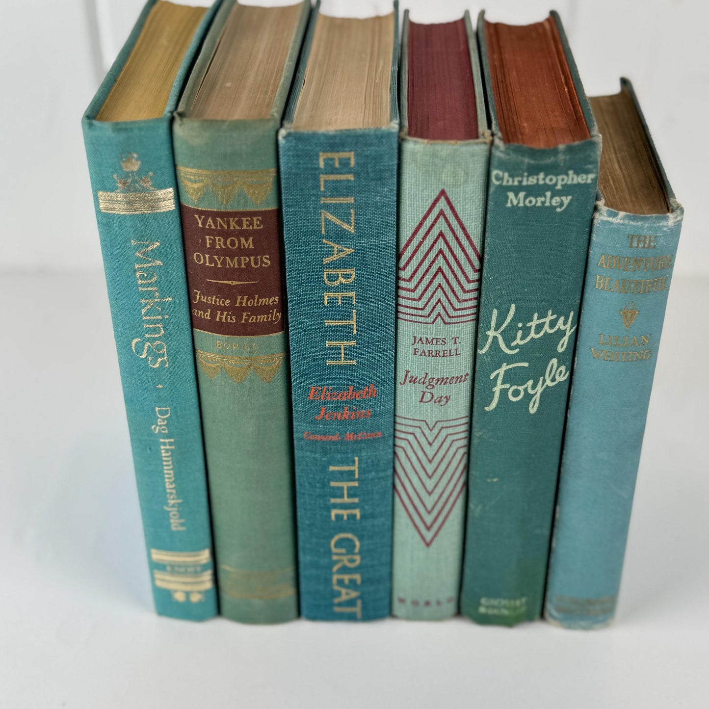 Teal And Aqua Vintage Book Stack for Shelf Styling and Decorating