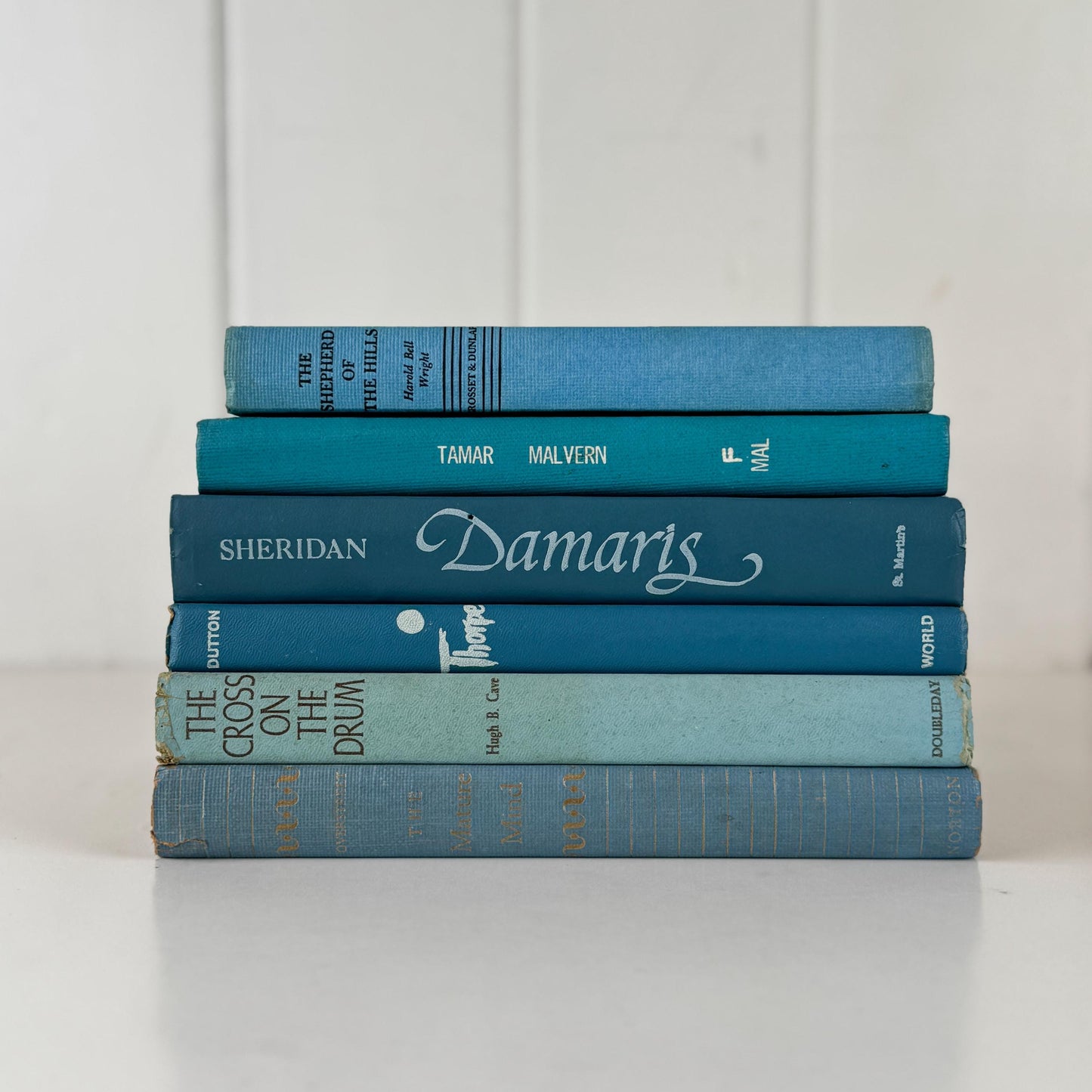 Teal And Aqua Vintage Book Stack for Shelf Styling and Decorating