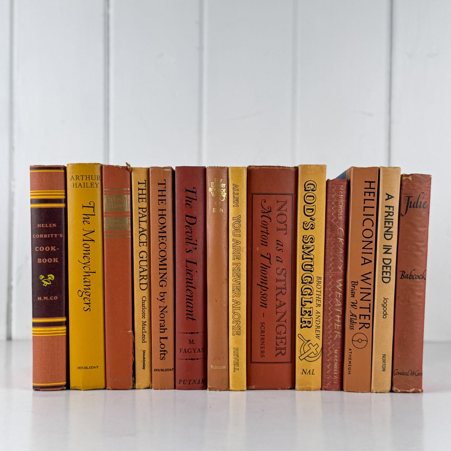 Vintage Copper Mustard Terra Cotta Orange Books for Retro 1970s Shelf Styling and Staging