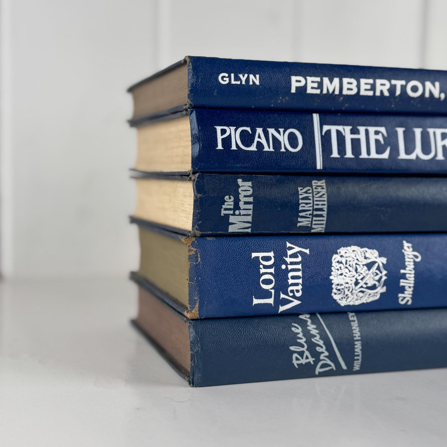Vintage Indigo Navy Blue and White Retro Book Set for Shelf Styling