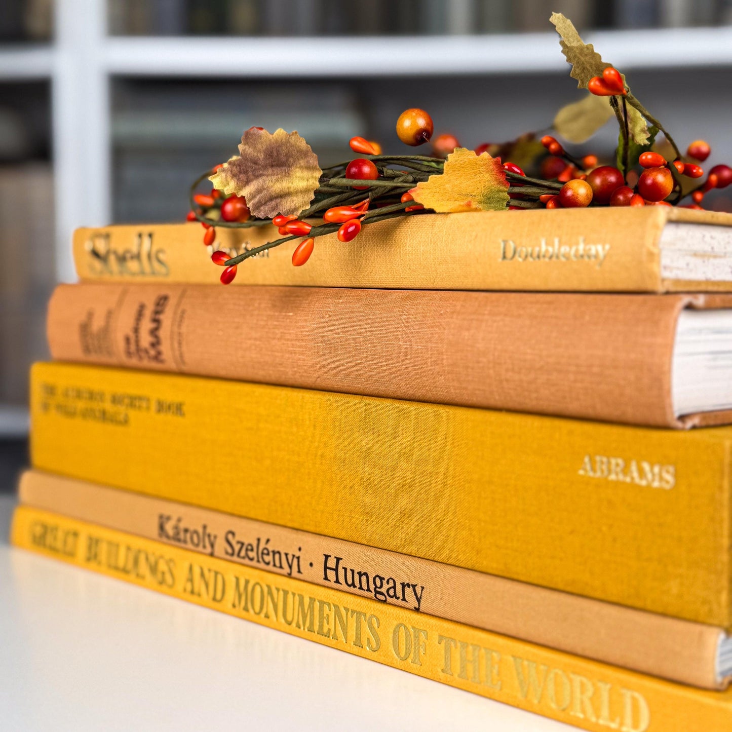 Golden Harvest Book Stack – Vintage Fall Tones for Shelf or Table Styling