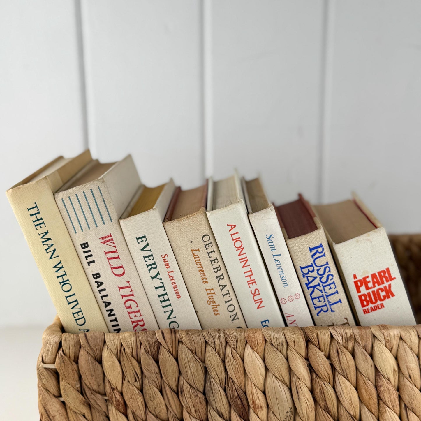 Vintage Cream and Green Textured Linen Book Set: Cozy Mid Century Shelf Decor