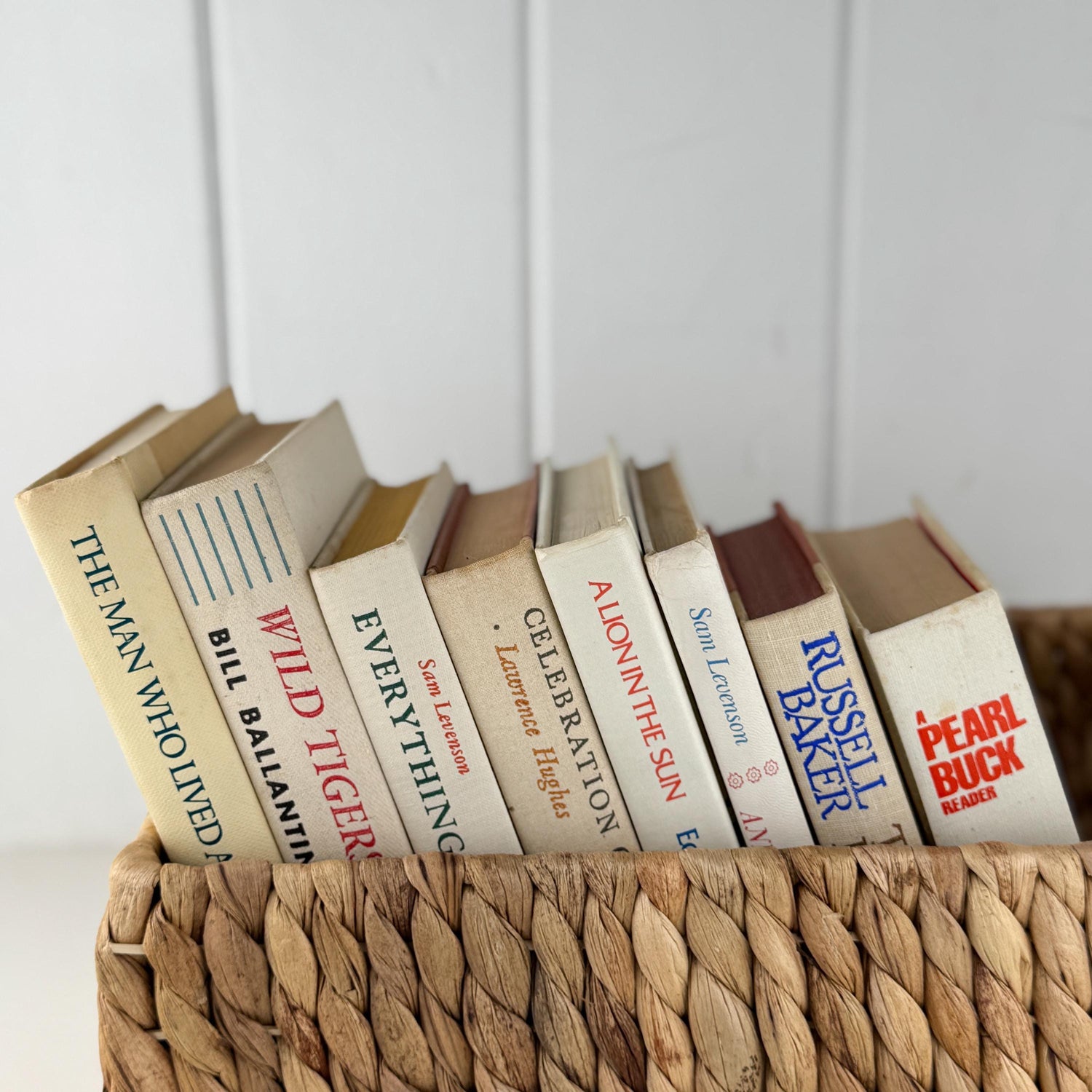 Vintage Cream and Green Textured Linen Book Set: Cozy Mid Century Shelf Decor