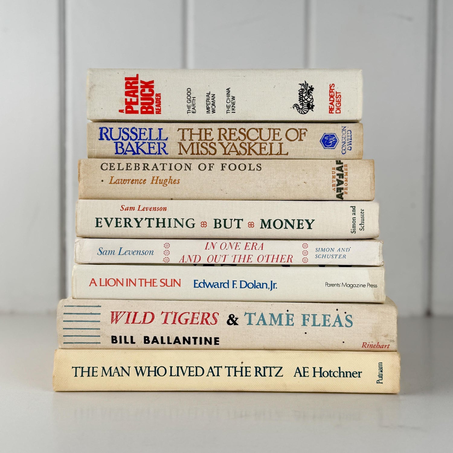 Vintage Cream and Green Textured Linen Book Set: Cozy Mid Century Shelf Decor