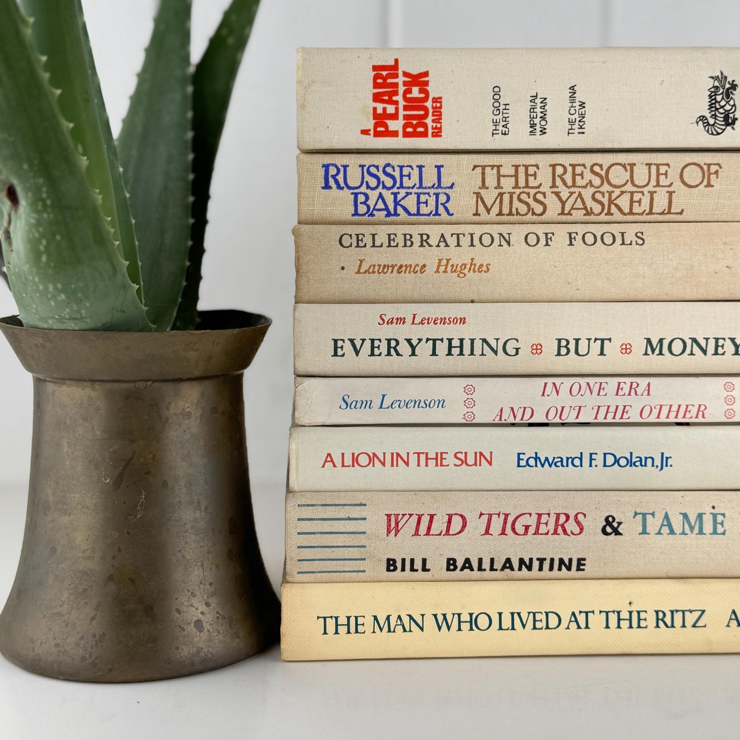 Vintage Cream and Green Textured Linen Book Set: Cozy Mid Century Shelf Decor