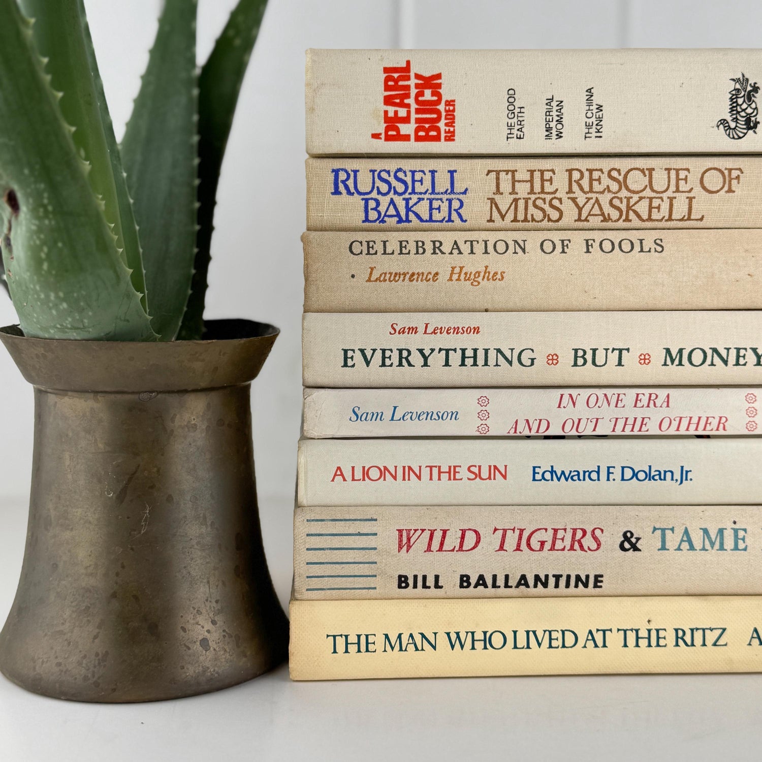 Vintage Cream and Green Textured Linen Book Set: Cozy Mid Century Shelf Decor