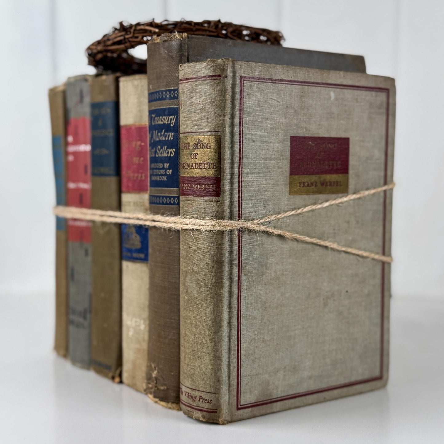 Rustic Masculine Beige and Tan Mid-Century Modern Book Set with Blue and Red Accents for Shelf Styling
