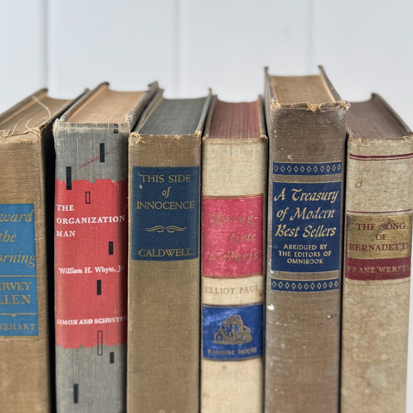 Rustic Masculine Beige and Tan Mid-Century Modern Book Set with Blue and Red Accents for Shelf Styling