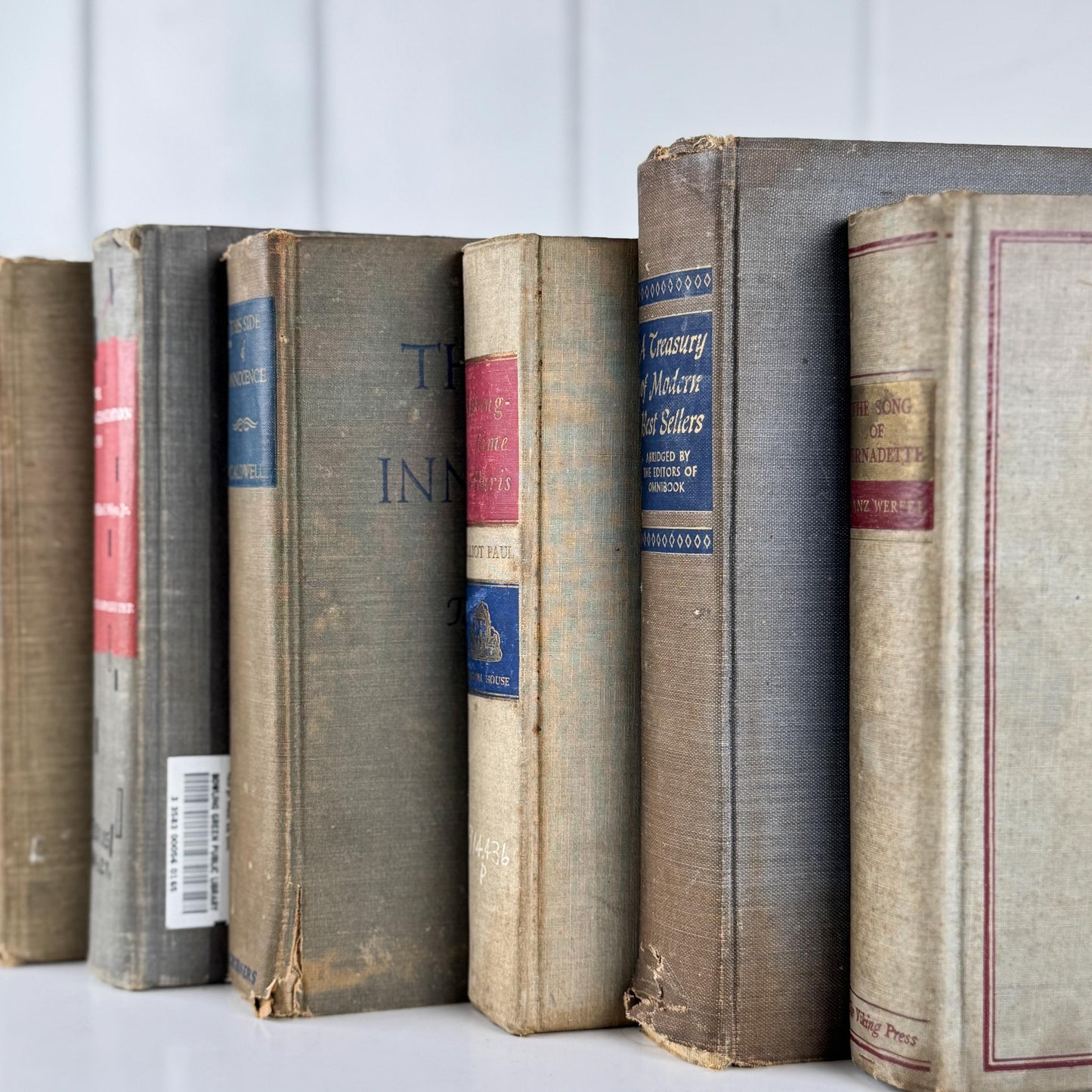 Rustic Masculine Beige and Tan Mid-Century Modern Book Set with Blue and Red Accents for Shelf Styling
