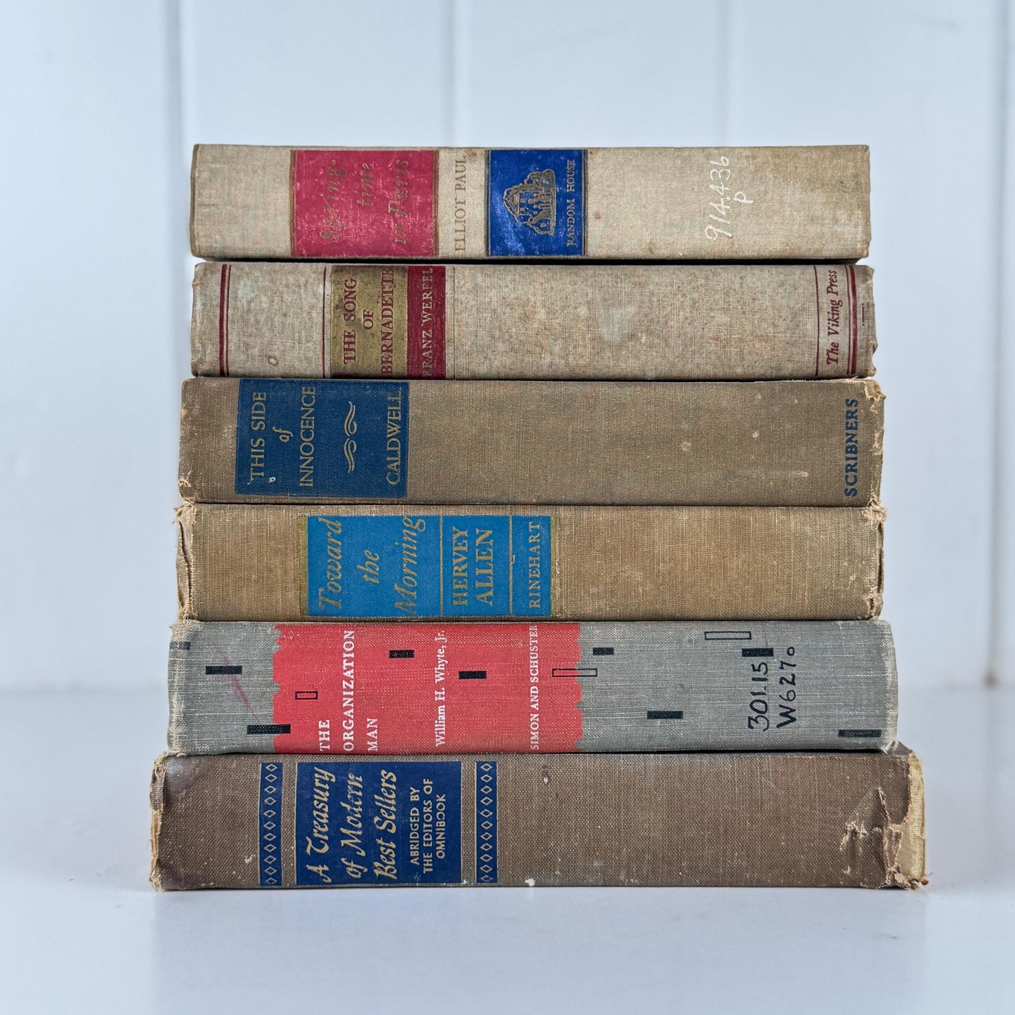 Rustic Masculine Beige and Tan Mid-Century Modern Book Set with Blue and Red Accents for Shelf Styling