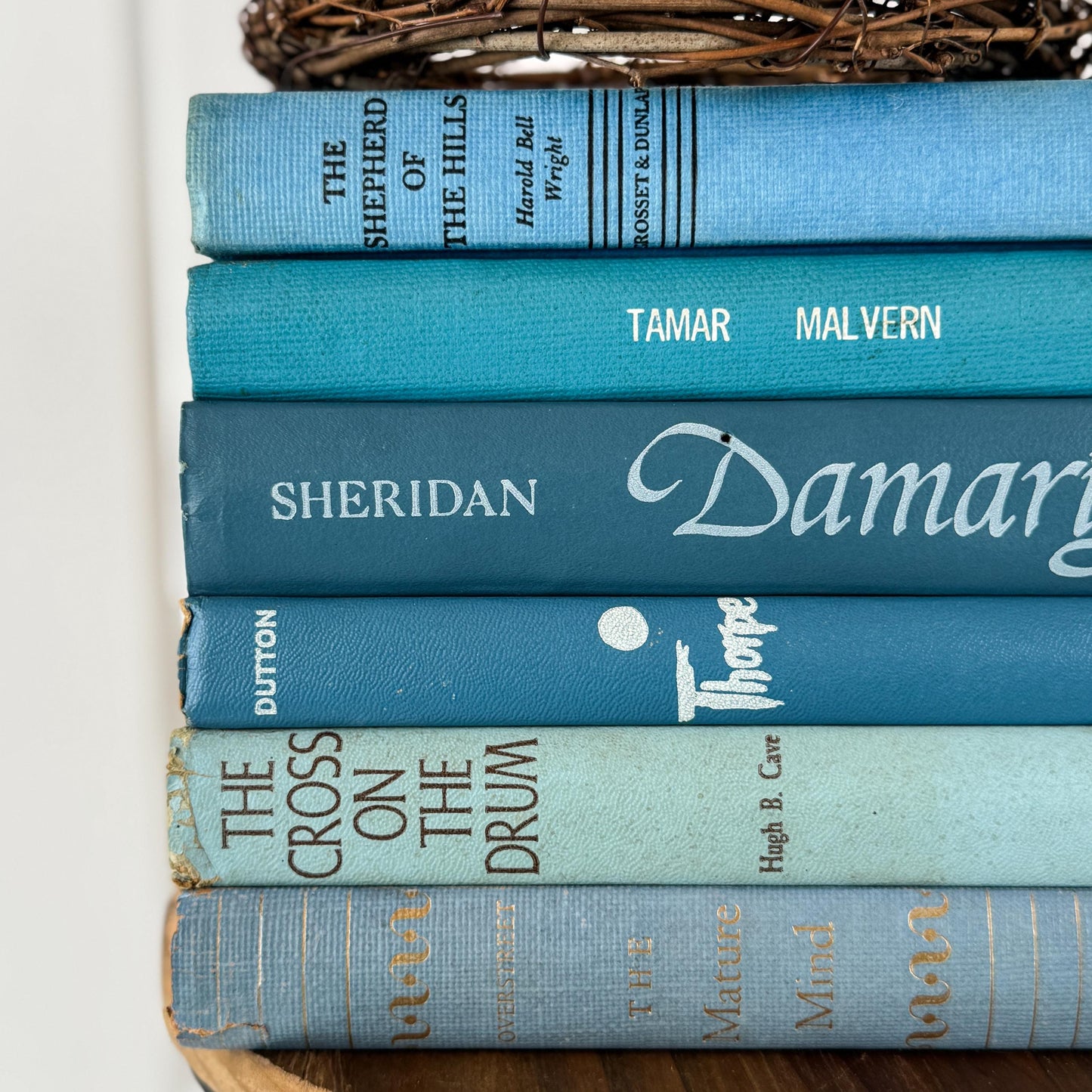 Teal And Aqua Vintage Book Stack for Shelf Styling and Decorating