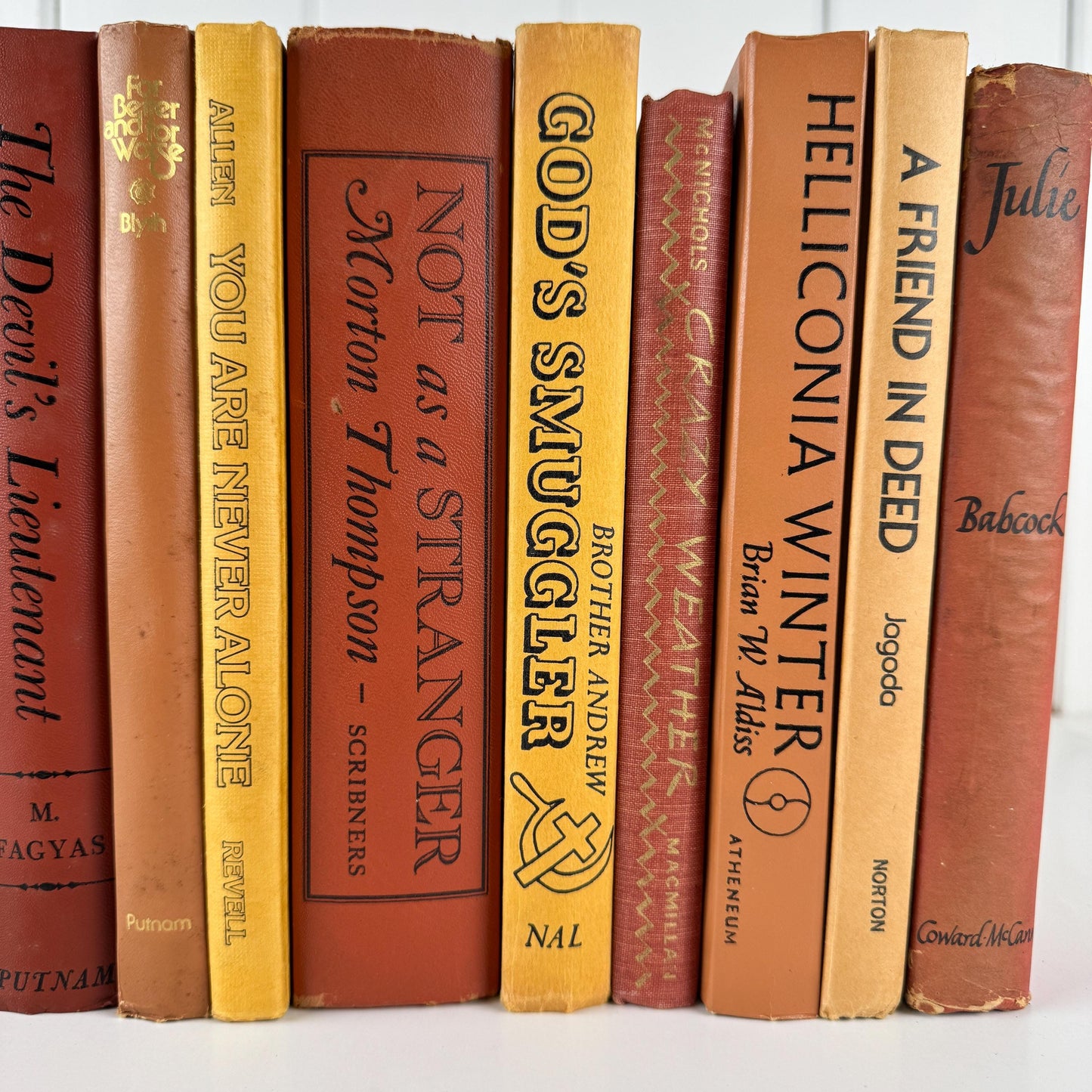 Vintage Copper Mustard Terra Cotta Orange Books for Retro 1970s Shelf Styling and Staging