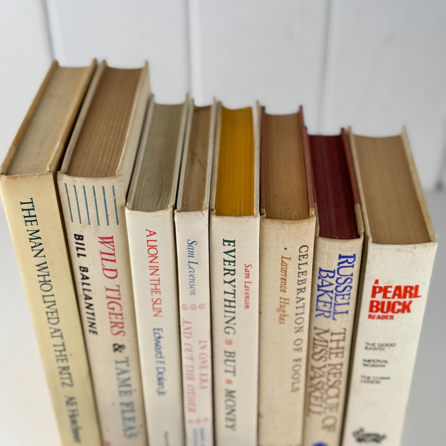 Vintage Cream and Green Textured Linen Book Set: Cozy Mid Century Shelf Decor