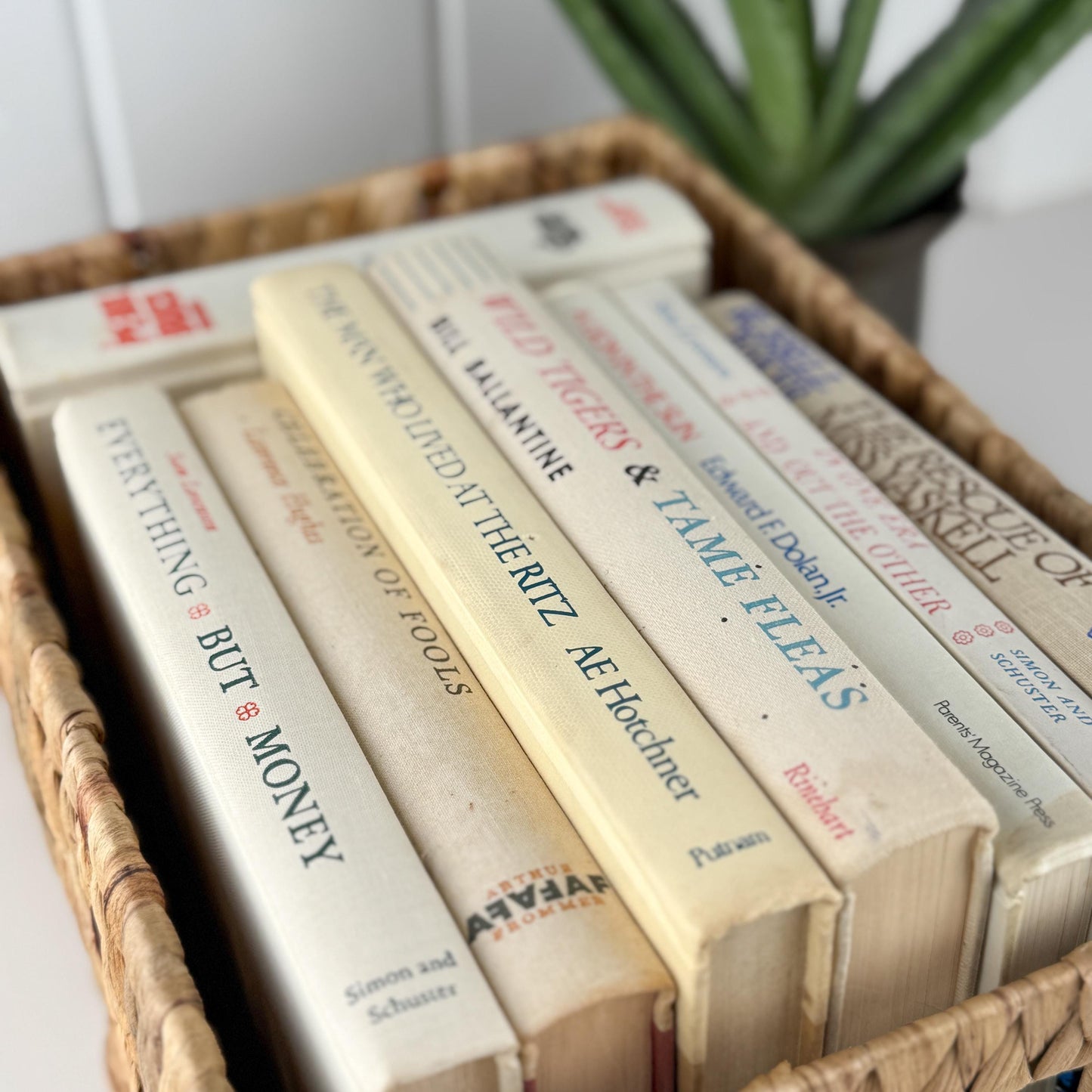 Vintage Cream and Green Textured Linen Book Set: Cozy Mid Century Shelf Decor