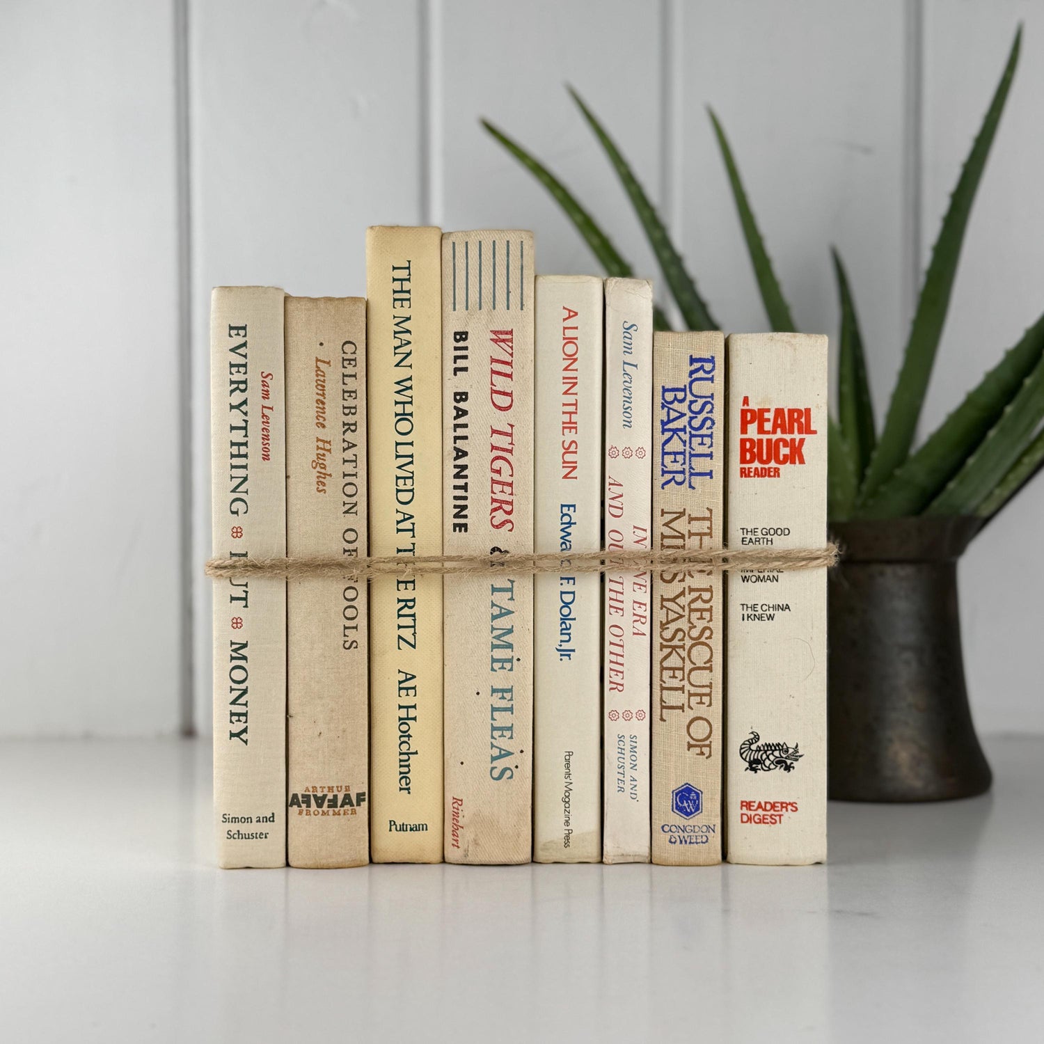 Vintage Cream and Green Textured Linen Book Set: Cozy Mid Century Shelf Decor