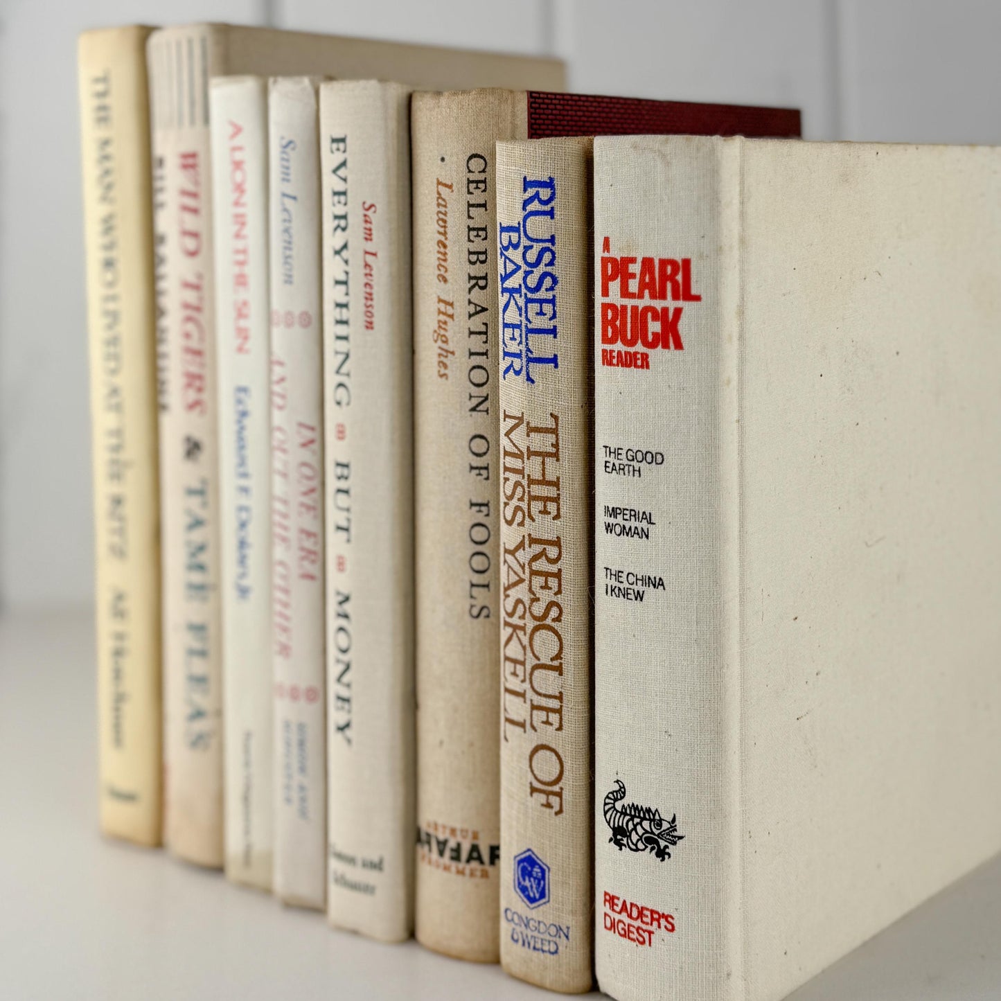 Vintage Cream and Green Textured Linen Book Set: Cozy Mid Century Shelf Decor