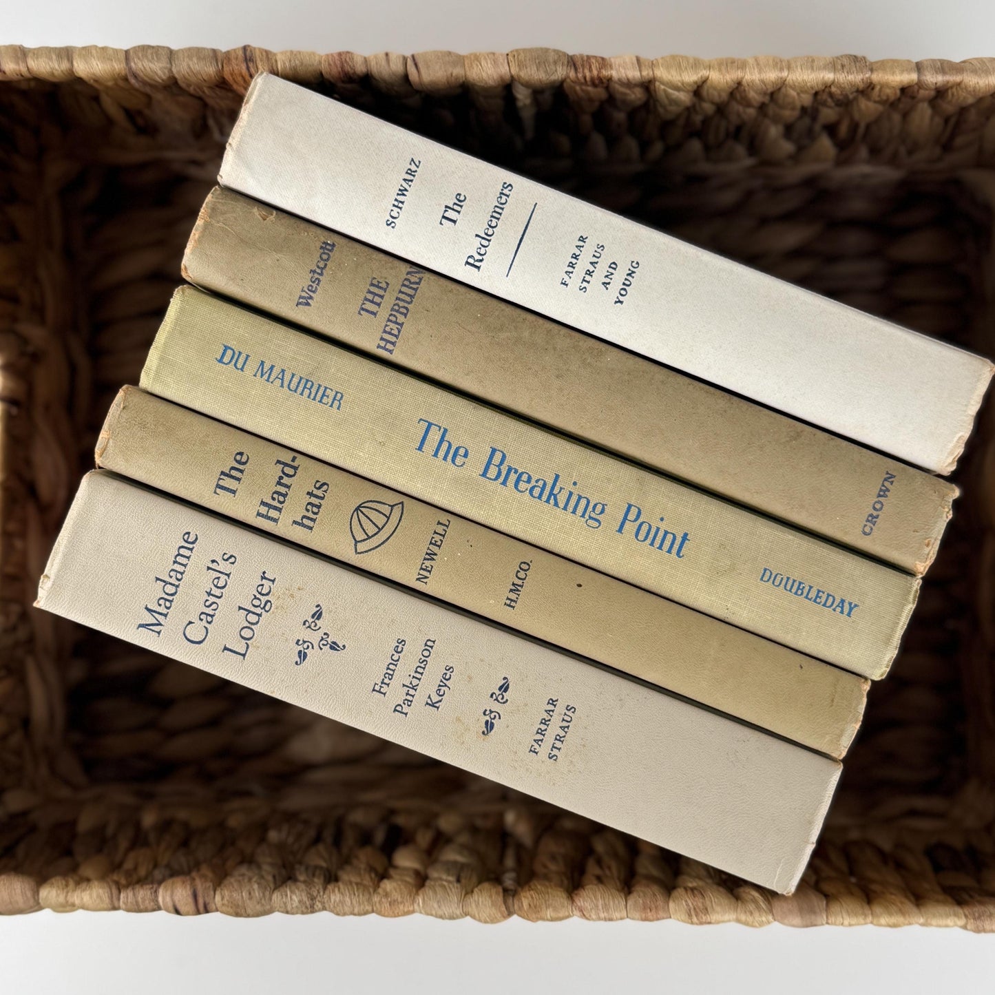 Neutral Shabby Vintage Books Bundle, Faded Blue and Beige Distressed Books for Shelf Styling