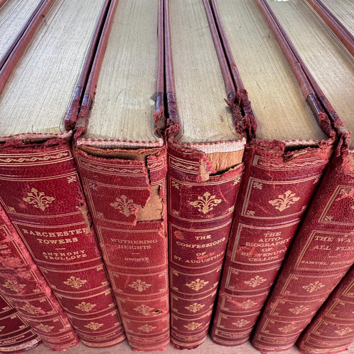 Vintage Mid Century Red & Gold Fine Editions Set – Shabby Decorative Leather Classic Literature Books
