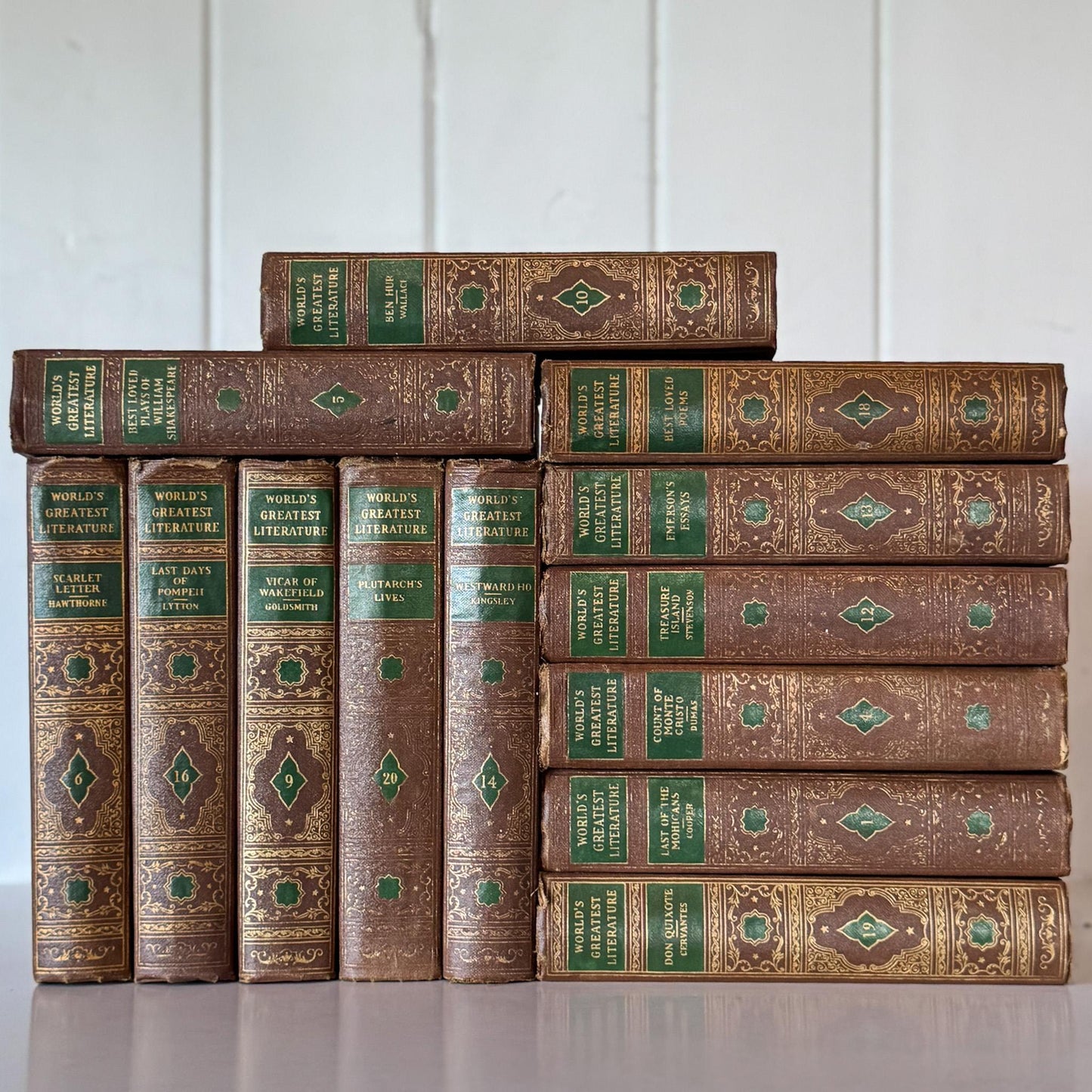 World's Greatest Literature Brown, Gold, Green Vintage Book Set for Styling