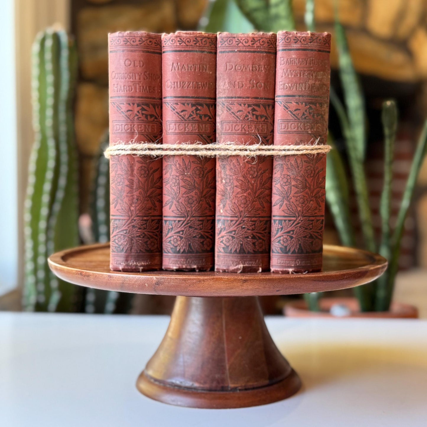 Antique Red Charles Dickens Book Set for Decor and Book Shelf Styling